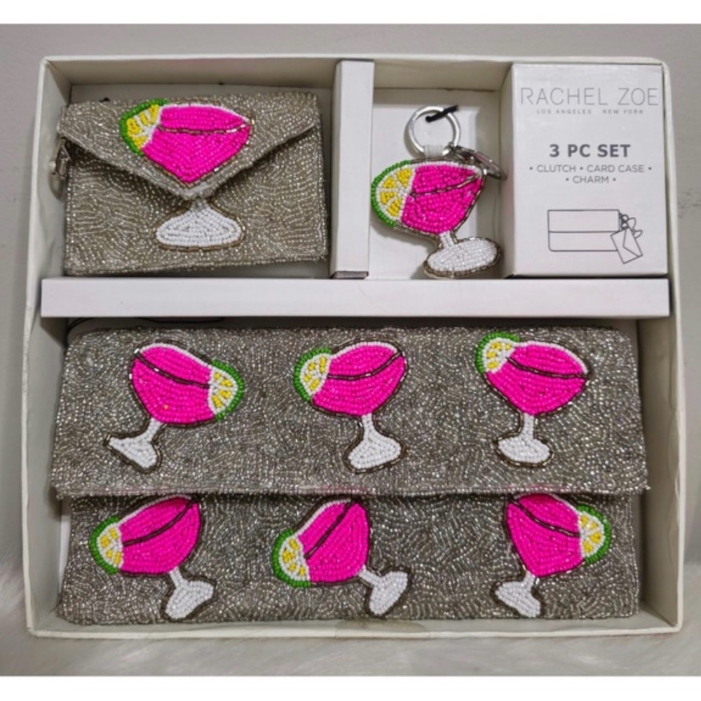Rachel Zoe Silver and Pink glass Beaded 3 piece Clutch Set